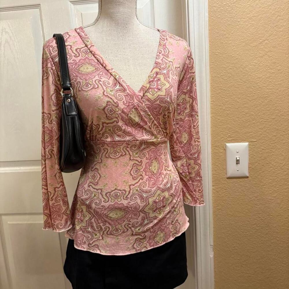 New York City Design C. Pink and beige paisley print blouse with back tie. Large